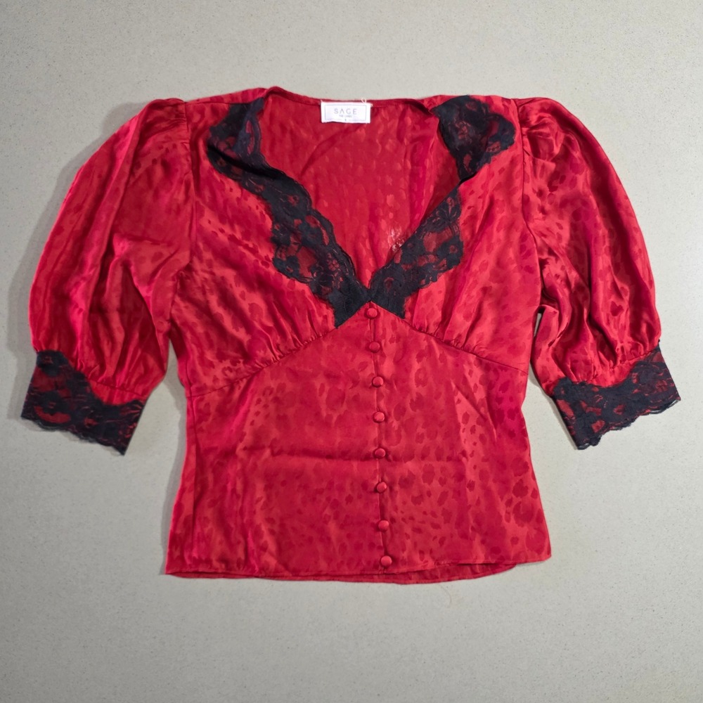 Sage The Label Red Leopard Jacquard Lace Trim Button Front Puff Sleeve Blouse S